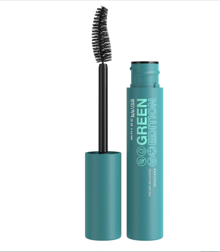Maybelline Green Edition Mega Mousse Mascara Makeup, Smooth Buildable and Lightweight Volume, Formulated with Shea Butter, Blackest Black